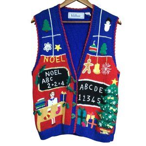 Vintage Ugly Christmas Sweater Vest Size M School Bus Teacher Holiday Kitschy 3D